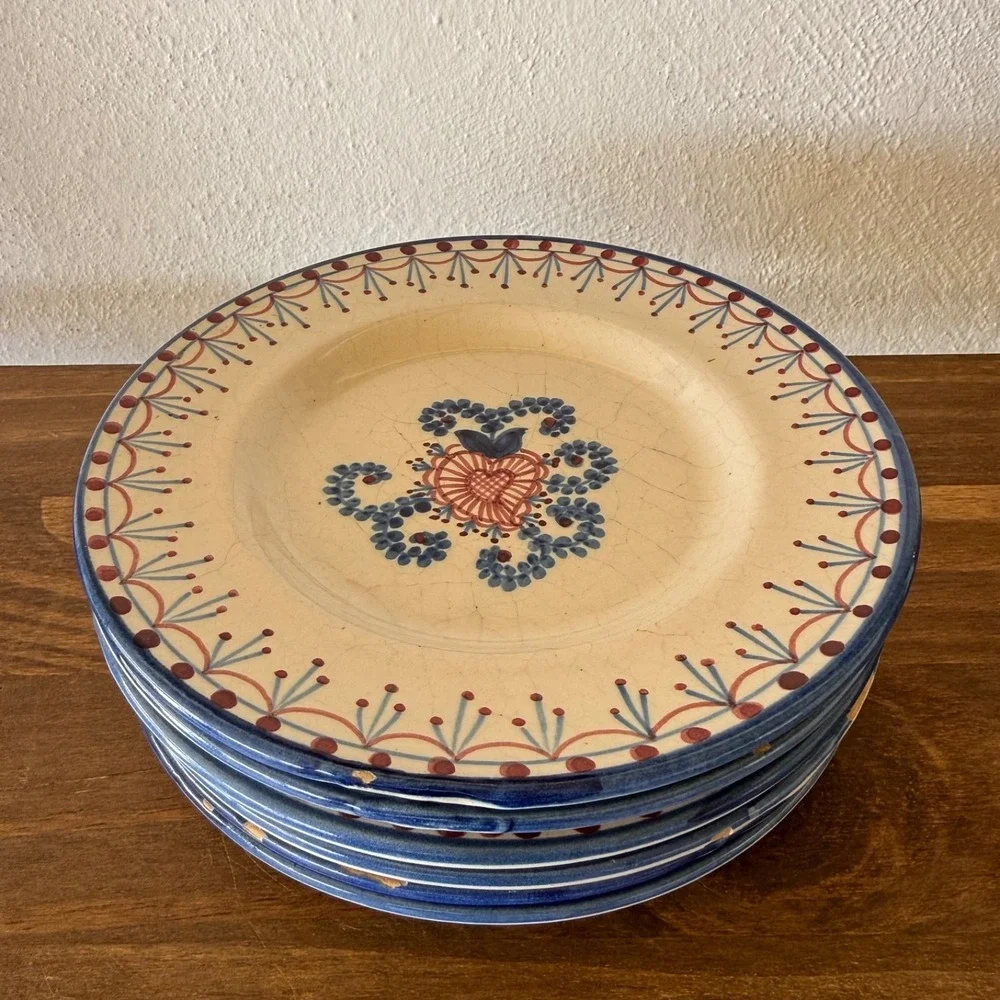 6pc Vintage VL Lisboa Portugal Faience Salad Plates Set of 6 Folk Art 6460
